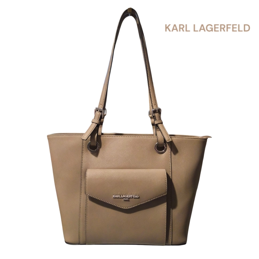 Karl Lagerfeld Tan Saffiano Leather Tote Shoulder Bag Neutral Minimalist EUC